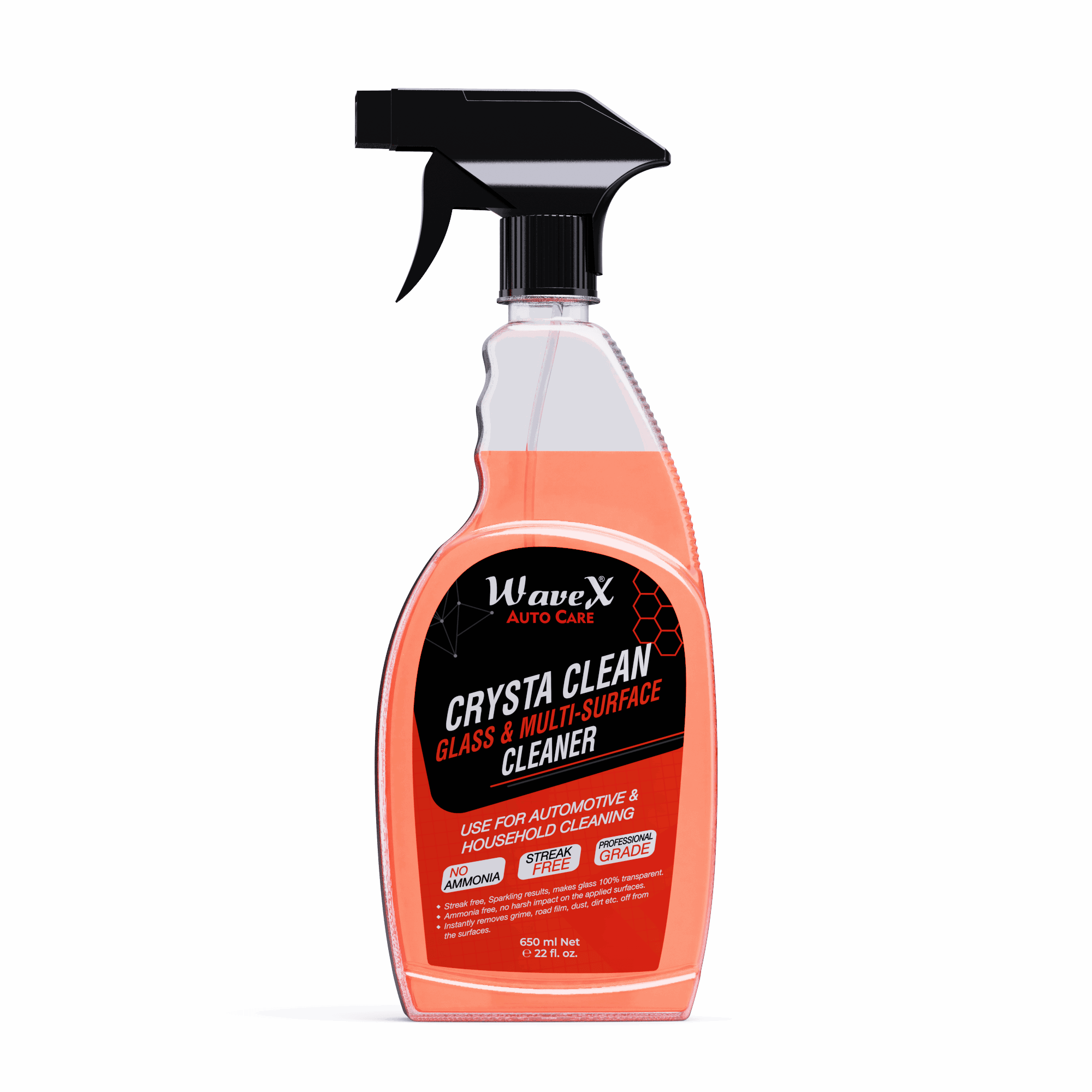 Crysta Clean Glass Cleaner 650 ml, Multi Surface Professional Grade Automotive Glass Cleaner