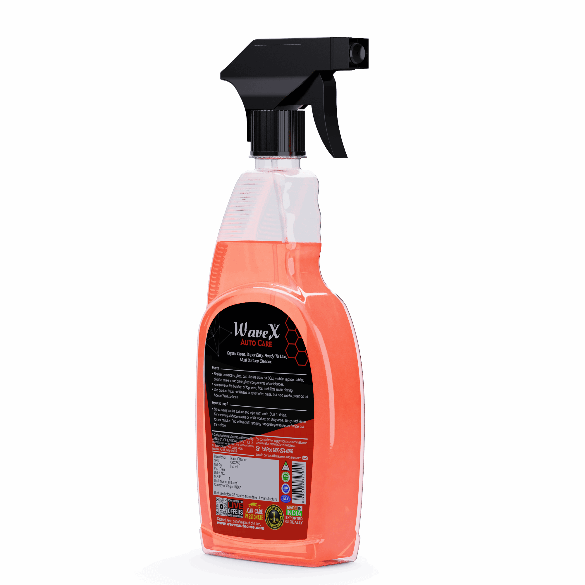 Crysta Clean Glass Cleaner 650 ml, Multi Surface Professional Grade Automotive Glass Cleaner