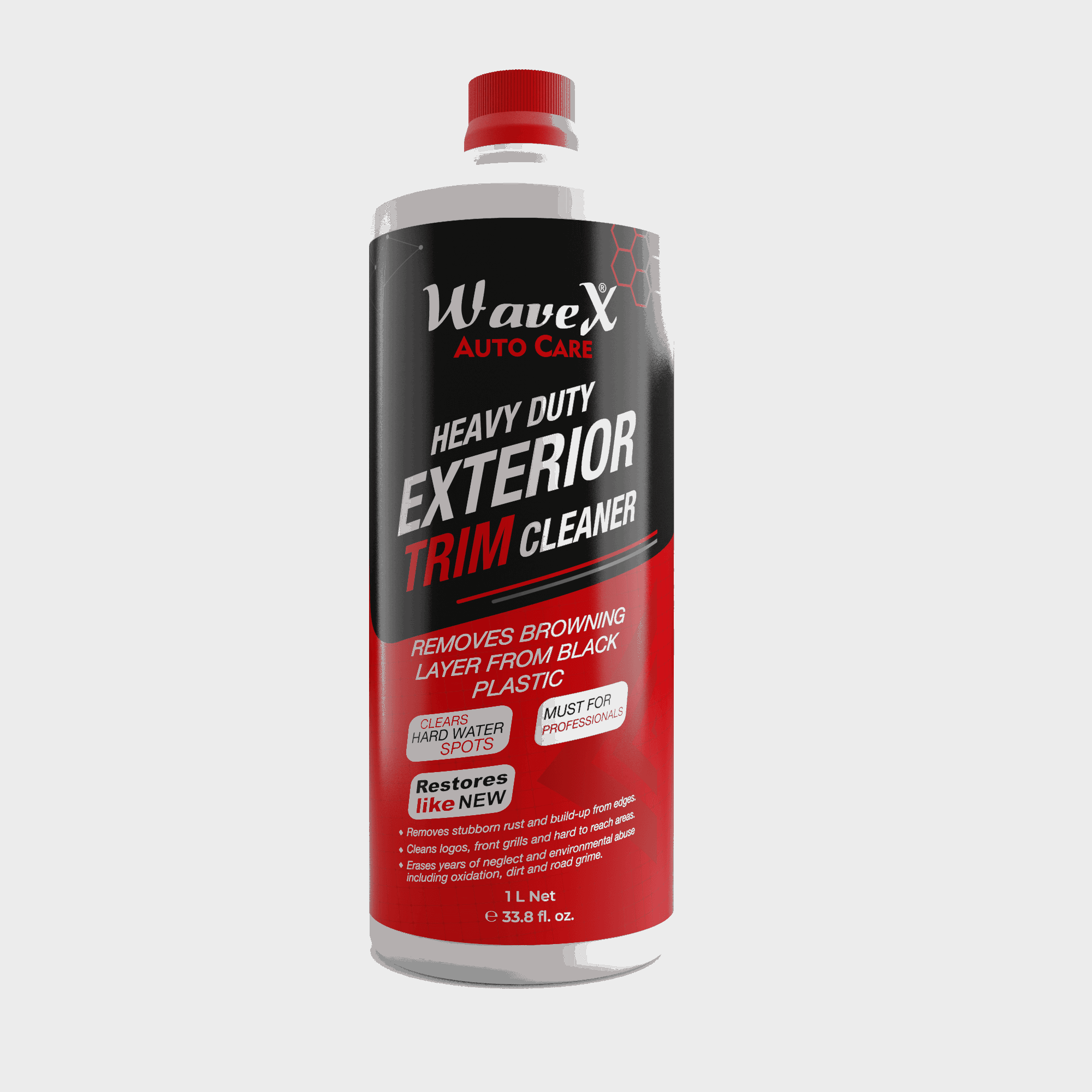 Heavy Duty Exterior Trim Cleaner 1 Litre, Removes Browning Layer from Black Plastic, Stubborn Rust, Hardwater Spots, and buildup from Edges, Cleans Logo and Grills